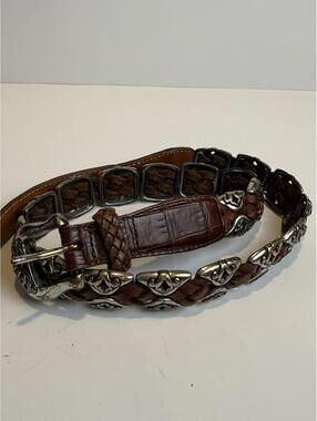 Brighton Brown Braided Leather Belt Silver Brass Scroll Buckle Western Sz M P43